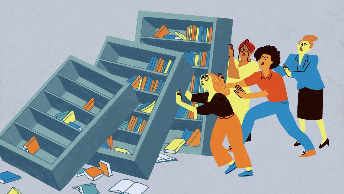 Illustration of three bookcases tipping back from left to right, books falling off the shelves, and four librarians standing on right side of shelves trying to keep them from falling.