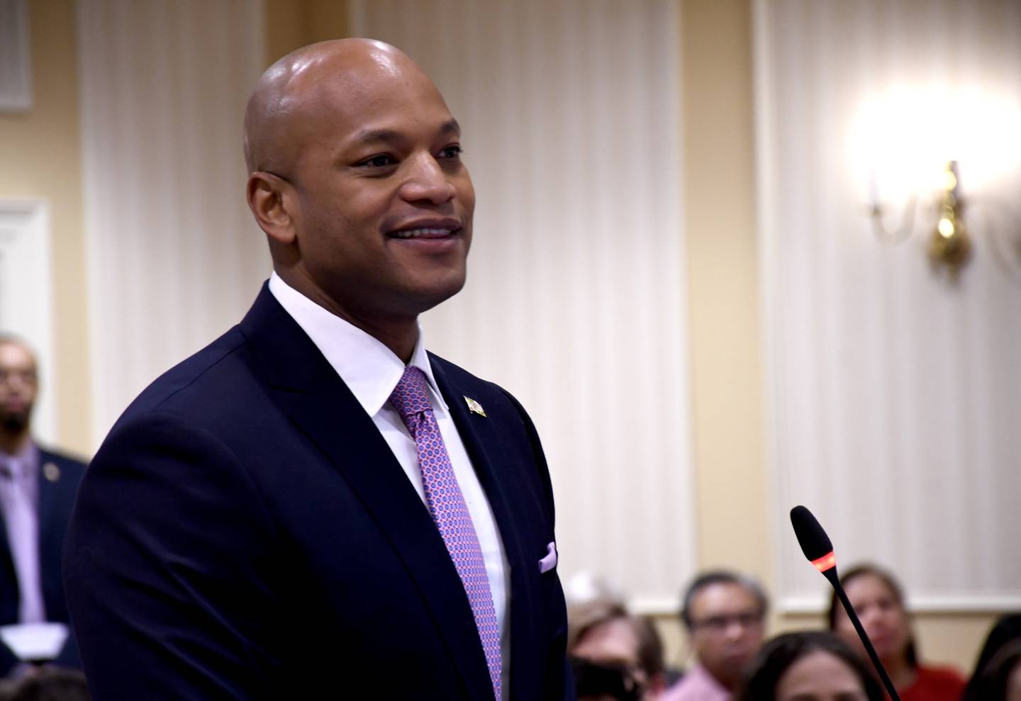 Maryland Gov. Wes Moore talks about his proposed "service year option" for young people during a hearing before the Senate Education, Energy and the Environment Committee in Annapolis on Wednesday, Feb. 22, 2023.
