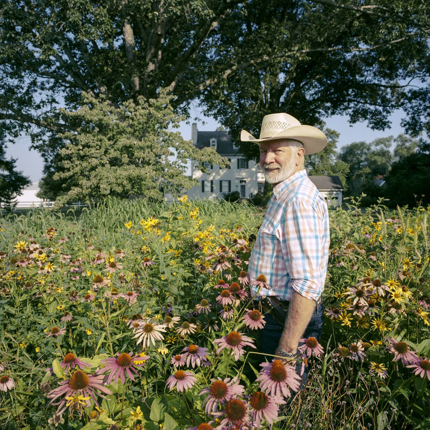 Jon stands among the wildflowers in the front yard buffer strip at the Emory Farm on August 4th, 2022 in Queenstown Maryland