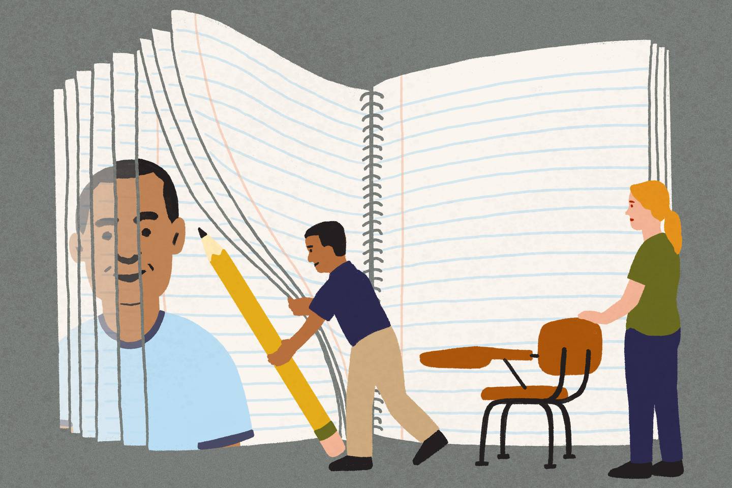 Illustration of Black student pulling back the pages of a notebook to look at fading portrait of his friend, while behind him his white teacher watches.