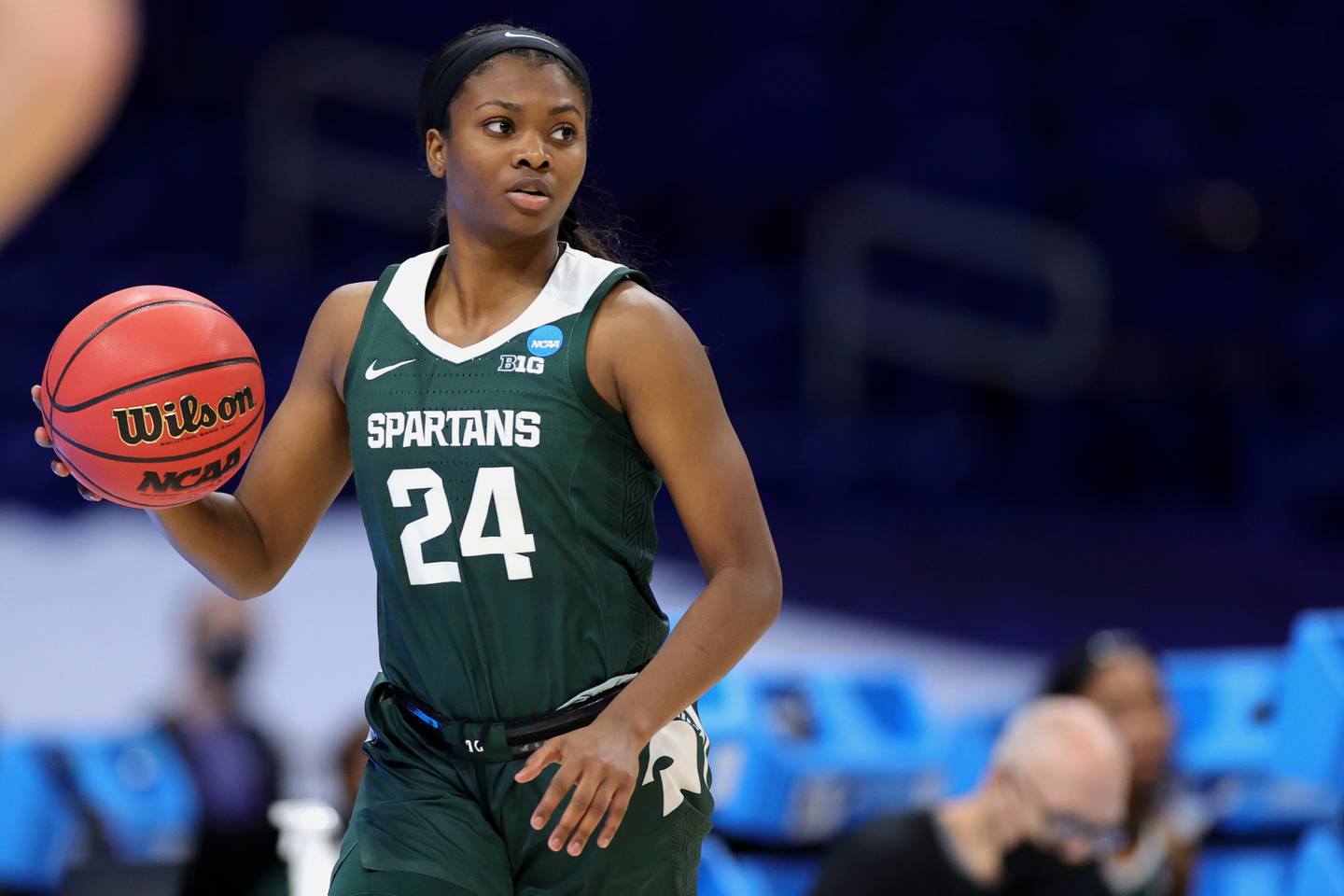 SAN ANTONIO, TEXAS - MARCH 22: Nia Clouden #24 of the Michigan State Spartans controls the ball against the Iowa State Cyclones during the first half in the first round game of the 2021 NCAA Women's Basketball Tournament at the Alamodome on March 22, 2021 in San Antonio, Texas.