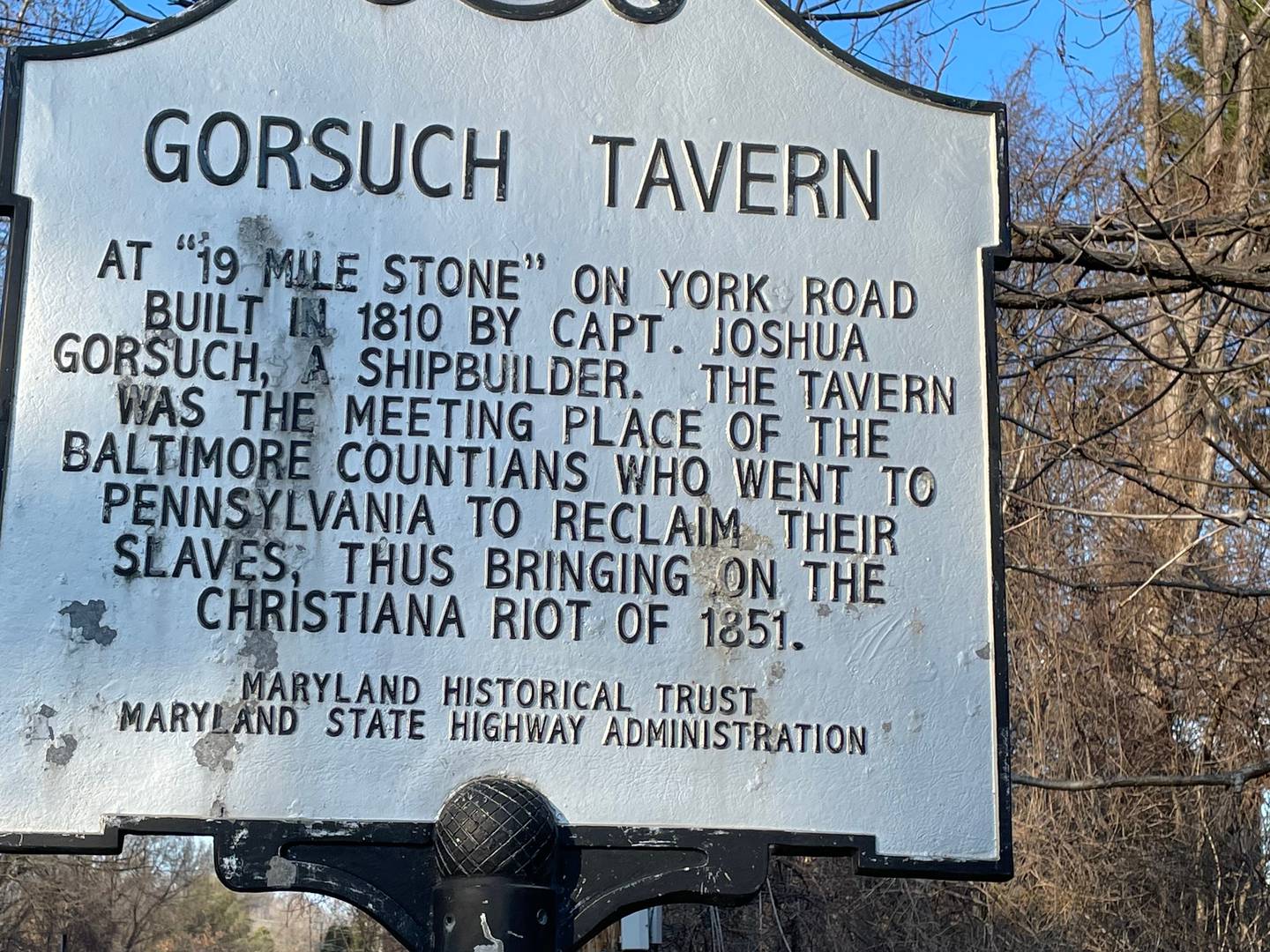 The sign where the Gorsuch Tavern once sat leaves out a lot of history; namely, that Dickinson Gorsuch was killed in the Christiana insurrection, and that the events that transpired there helped lead to the end of the Fugitive Slave Act and the beginning of the Civil War.