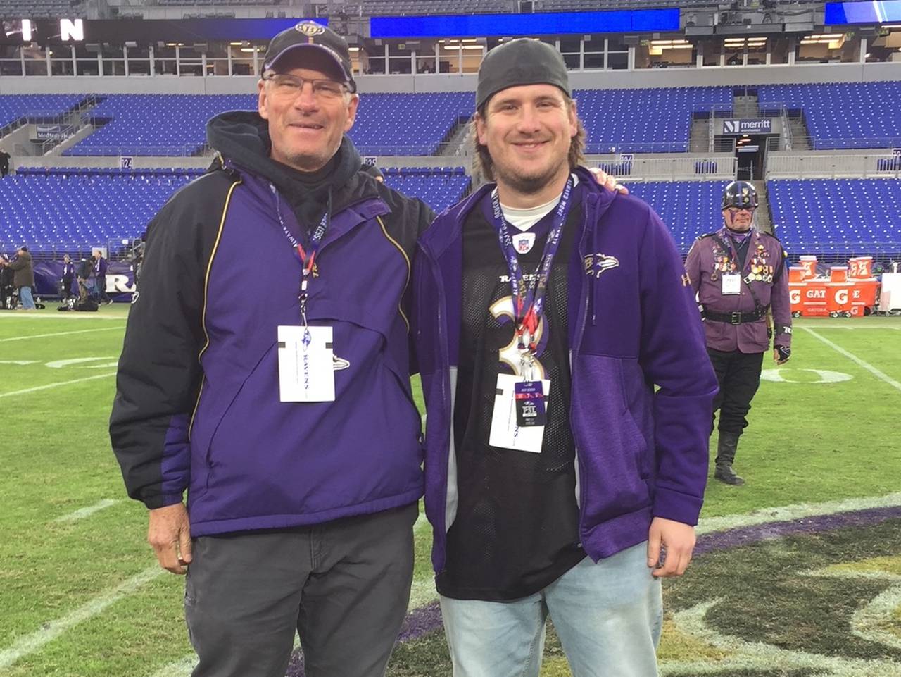 David and Chris Booze had the opportunity to take the field at M&T Bank Stadium in 2019. They attempted field goals, and Chris made one. (Courtesy David Booze)