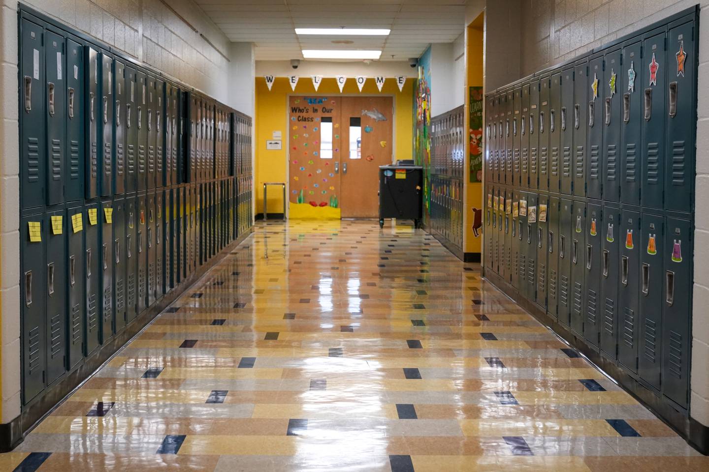 An empty hallway full of lockers inside Hampstead Hill Academy on 8/29/22. Monday was the first day back to school for Baltimore City students.