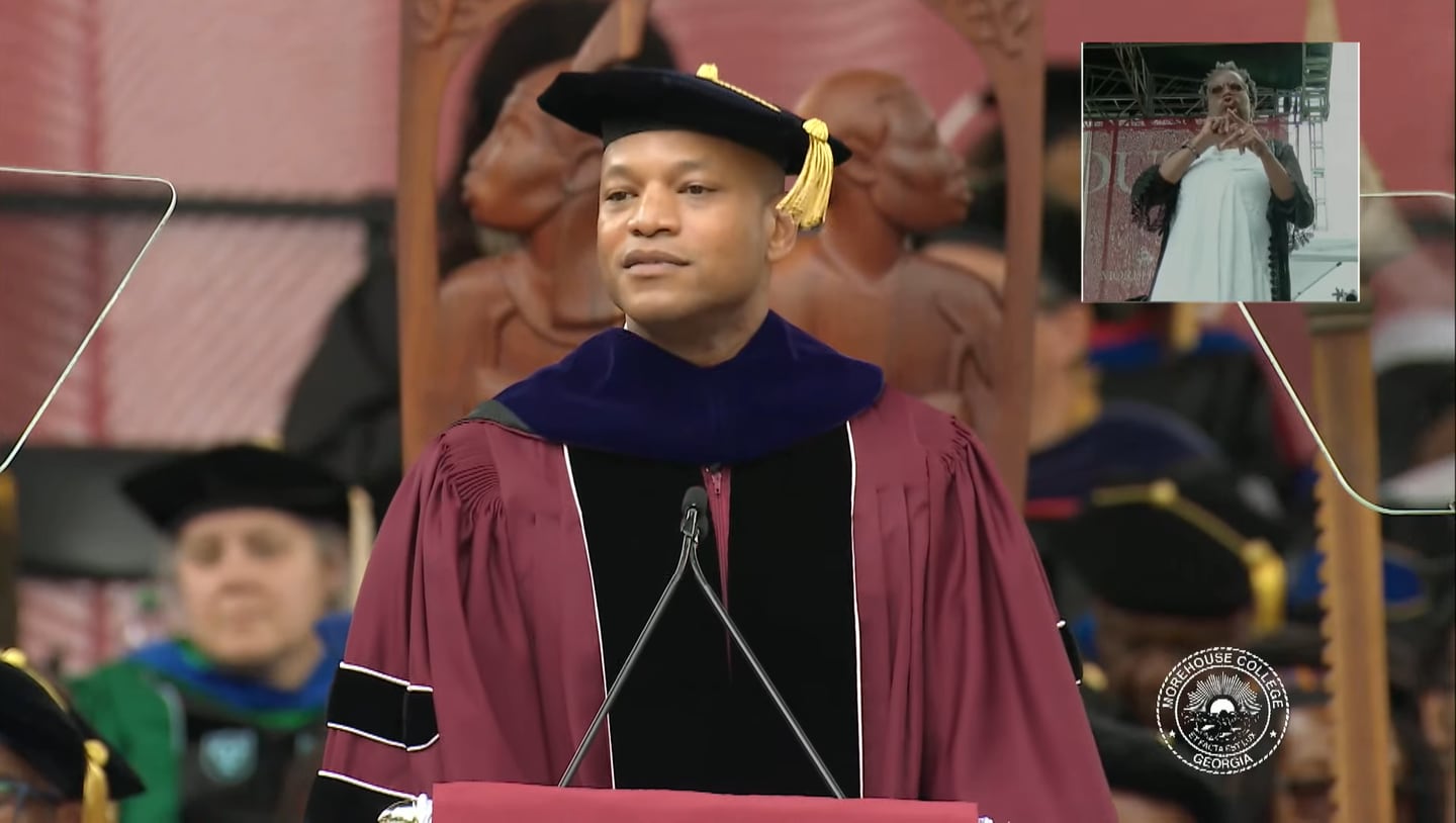 Maryland Gov. Wes Moore is shown in a screenshot while delivering a commencement address at Morehouse College in Atlanta on Sunday, Mary 21, 2023.