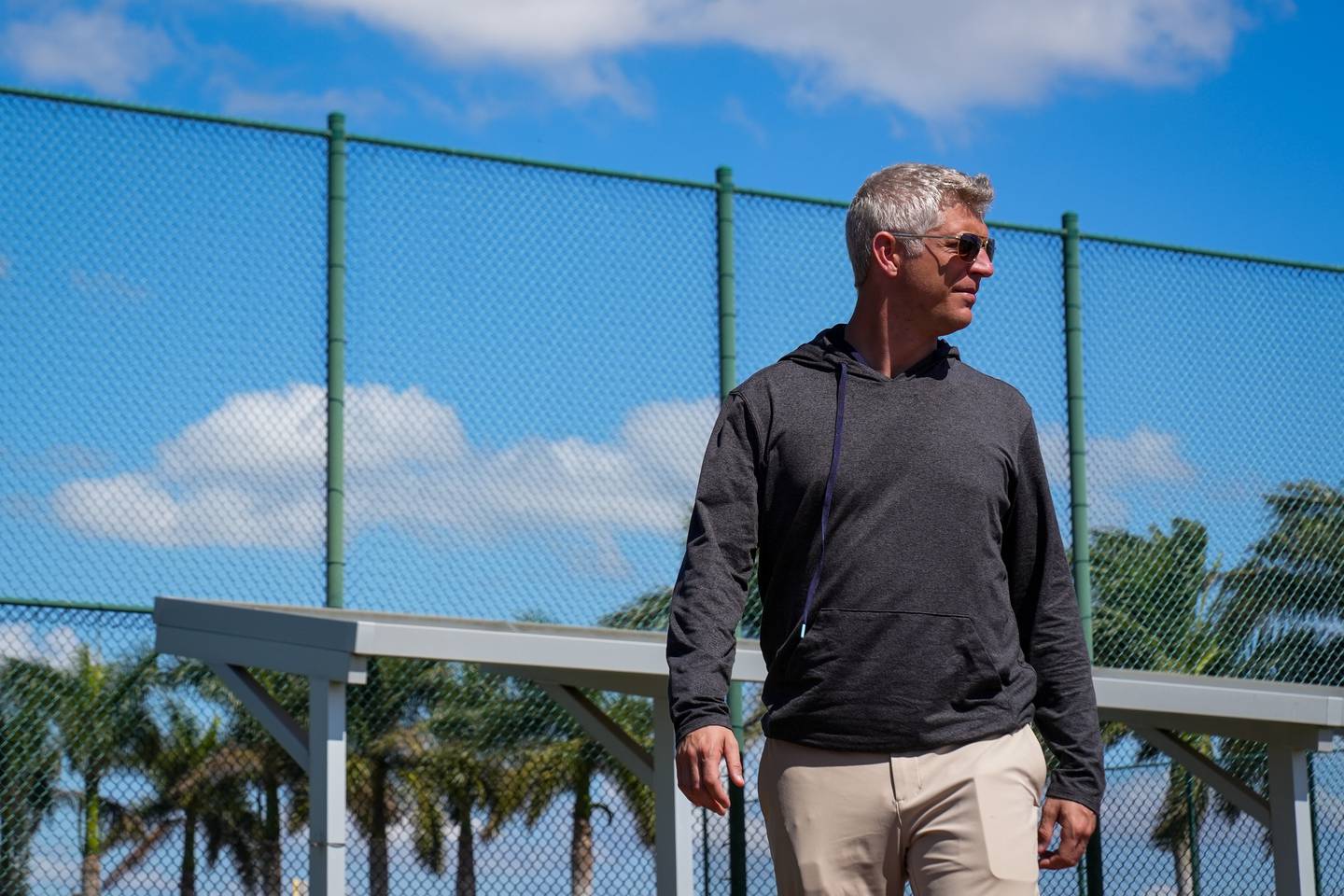 Orioles General Manager Mike Elias walks back toward the clubhouse after practice ends at Ed Smith Stadium in Sarasota on 2/22/23. The Baltimore Orioles’ Spring Training session runs from mid-February through the end of March.