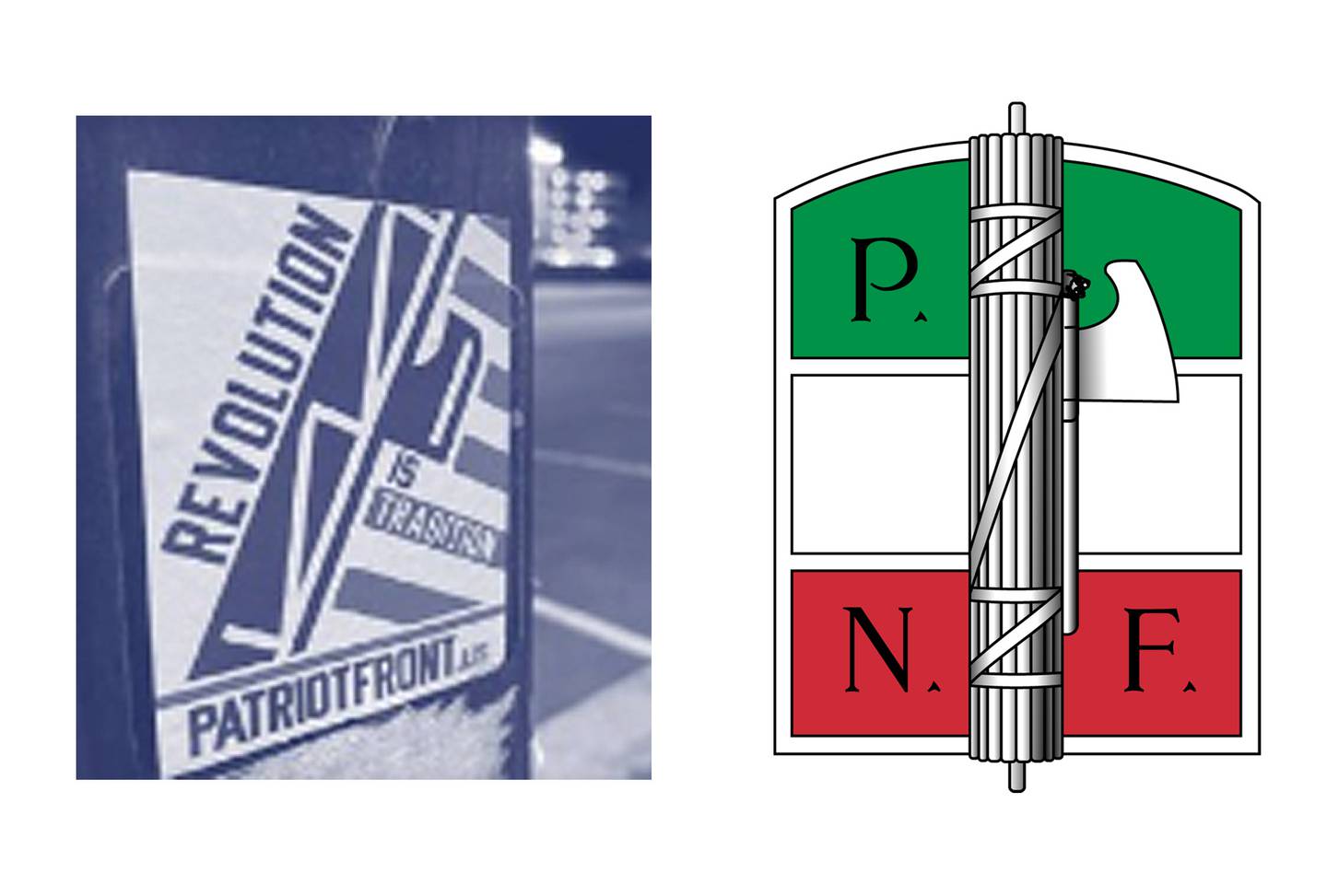 Photograph of a Patriot Front sticker with fasces on left, illustration of historic logo of Italian National Fascist Party featuring fasces on right.