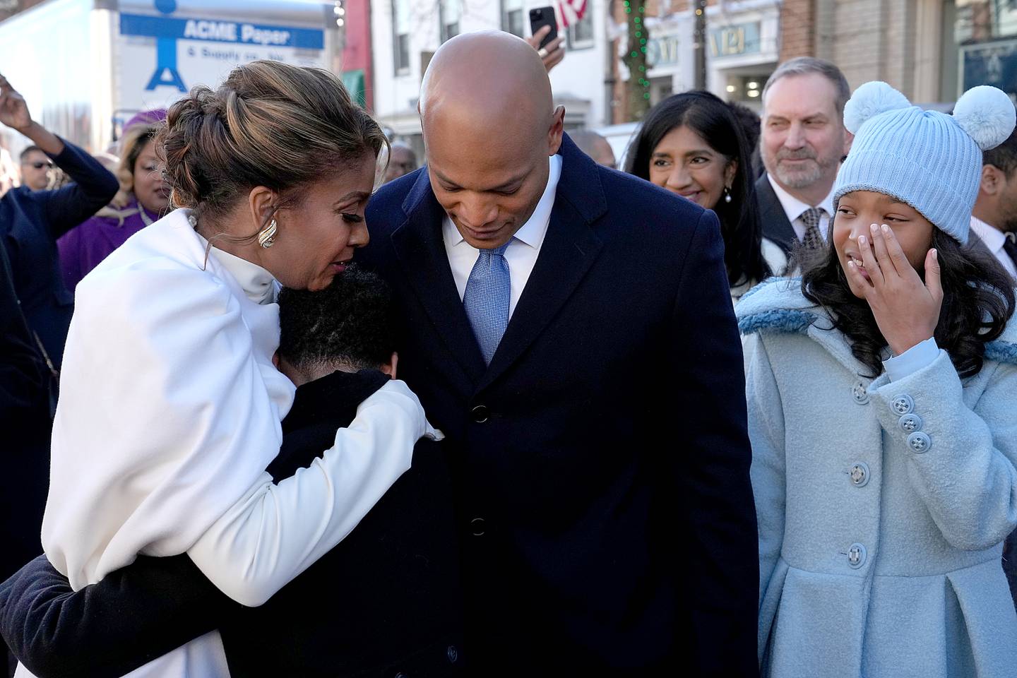 Dawn Flythe Moore, son James Moore, Gov.-elect Wes Moore and daughter Mia Moore as they depart from the Kunta Kinte-Alex Haley Memorial, where they laid a wreath and said a prayer before the governor-elect was sworn in as the first African American governor of the state of Maryland.