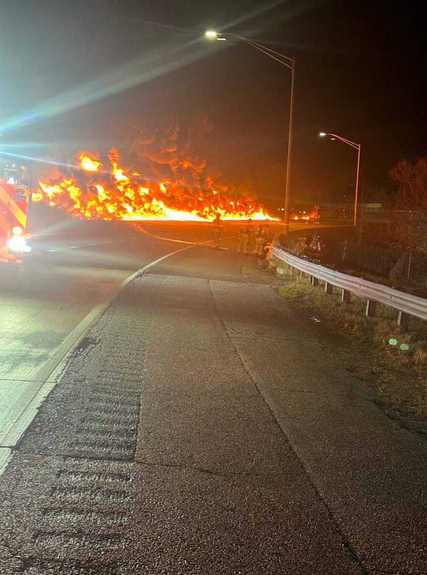 Scene of fiery tanker crash that has shut down both directions of the I-795 expressway in Pikesville.