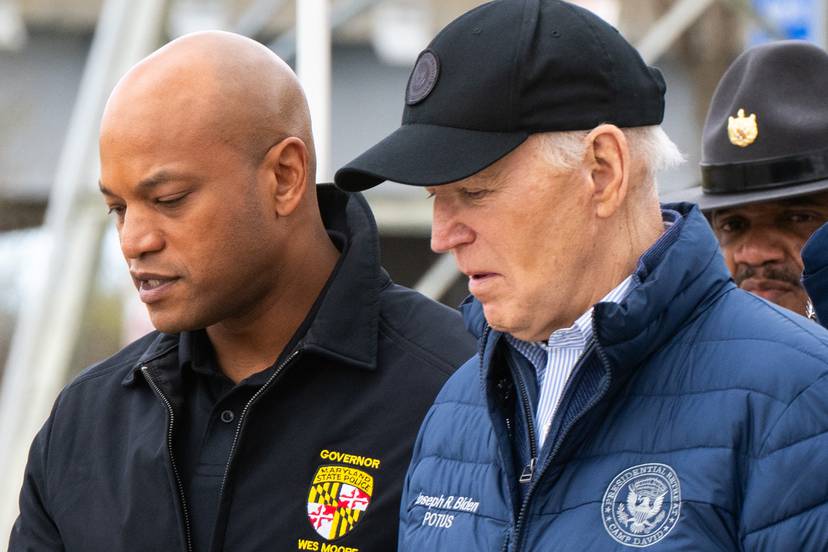 Gov. Wes Moore and President Joe Biden walk out for a press conference about the Key Bridge collapse at the Maryland Transportation Authority Police Headquarters in Dundalk on Friday, April 5, 2024.