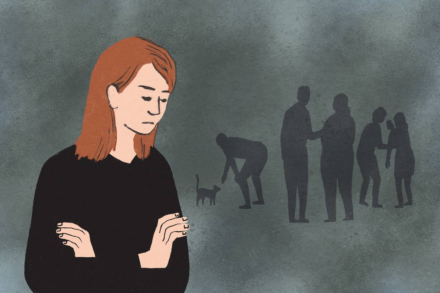 Illustration of sad woman separated from others by dark fog
