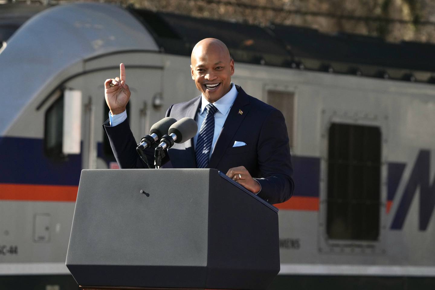Maryland Governor Wes Moore speaks on the Frederick Douglass Tunnel Bipartisan Infrastructure Law on January 30, 2023.