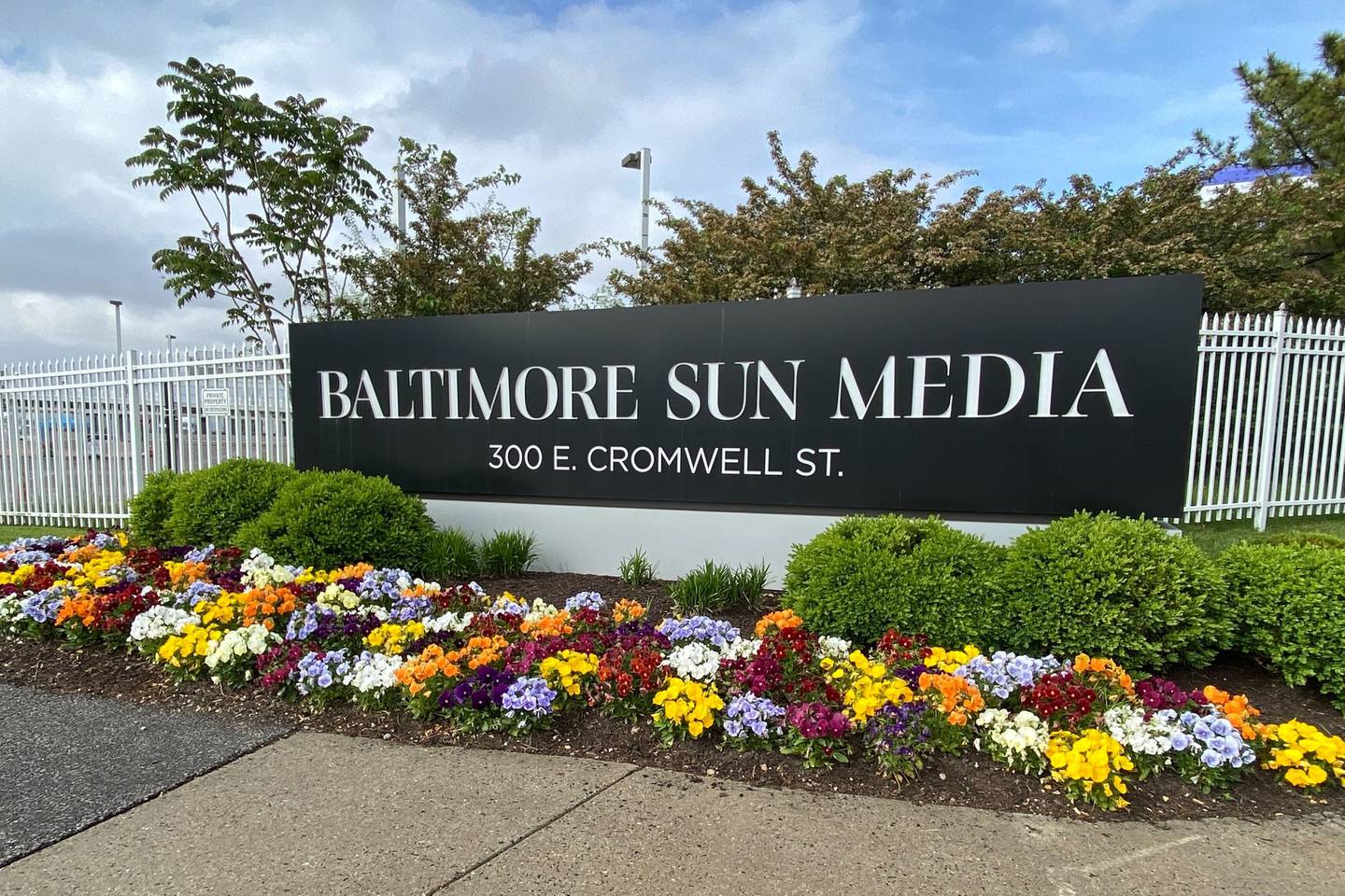 Exterior of the Baltimore Sun Media sign outside the Sun's former South Baltimore building, seen in 2022.