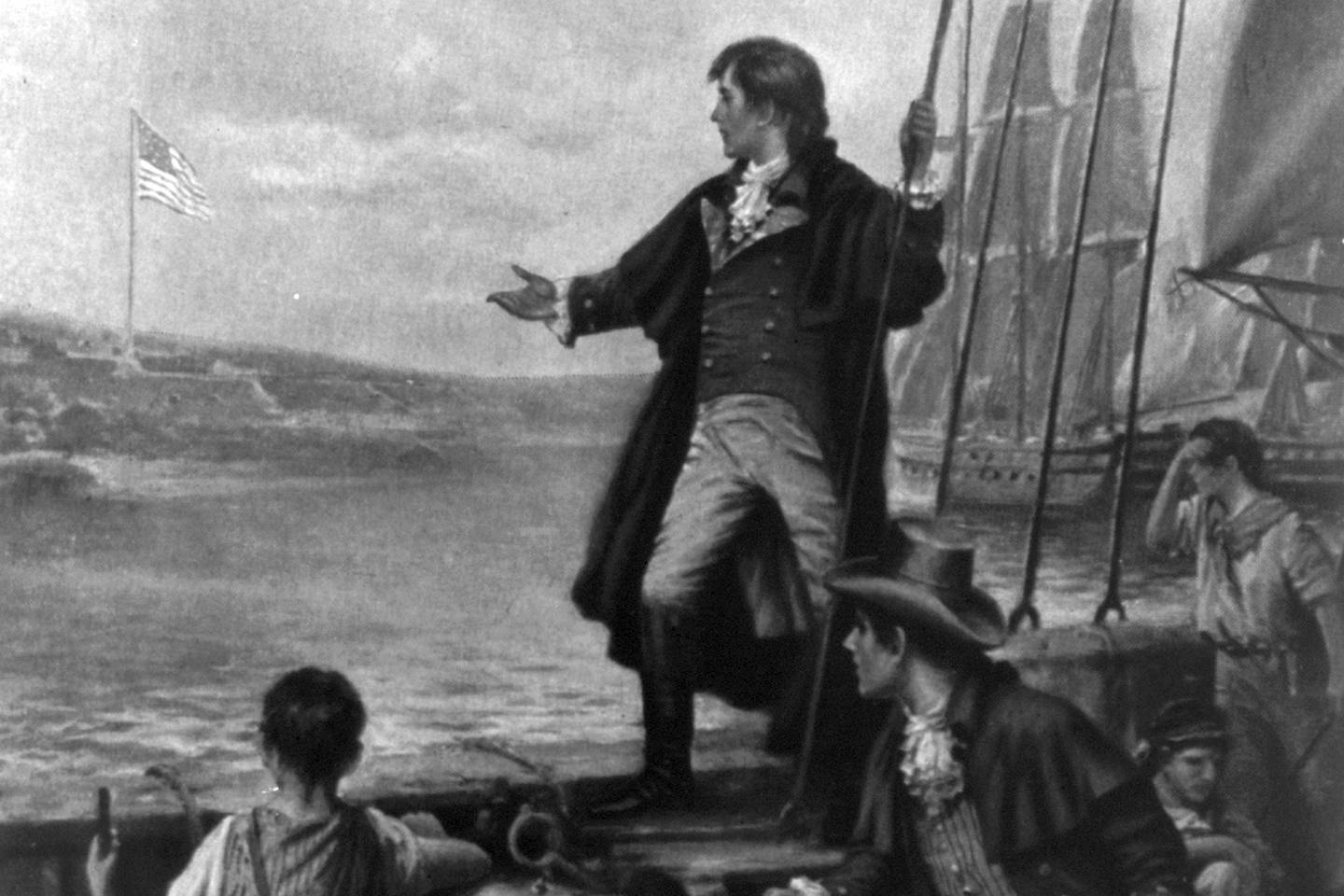 Francis Scott Key standing on boat, with right arm stretched out toward the United States flag flying over Fort McHenry.
