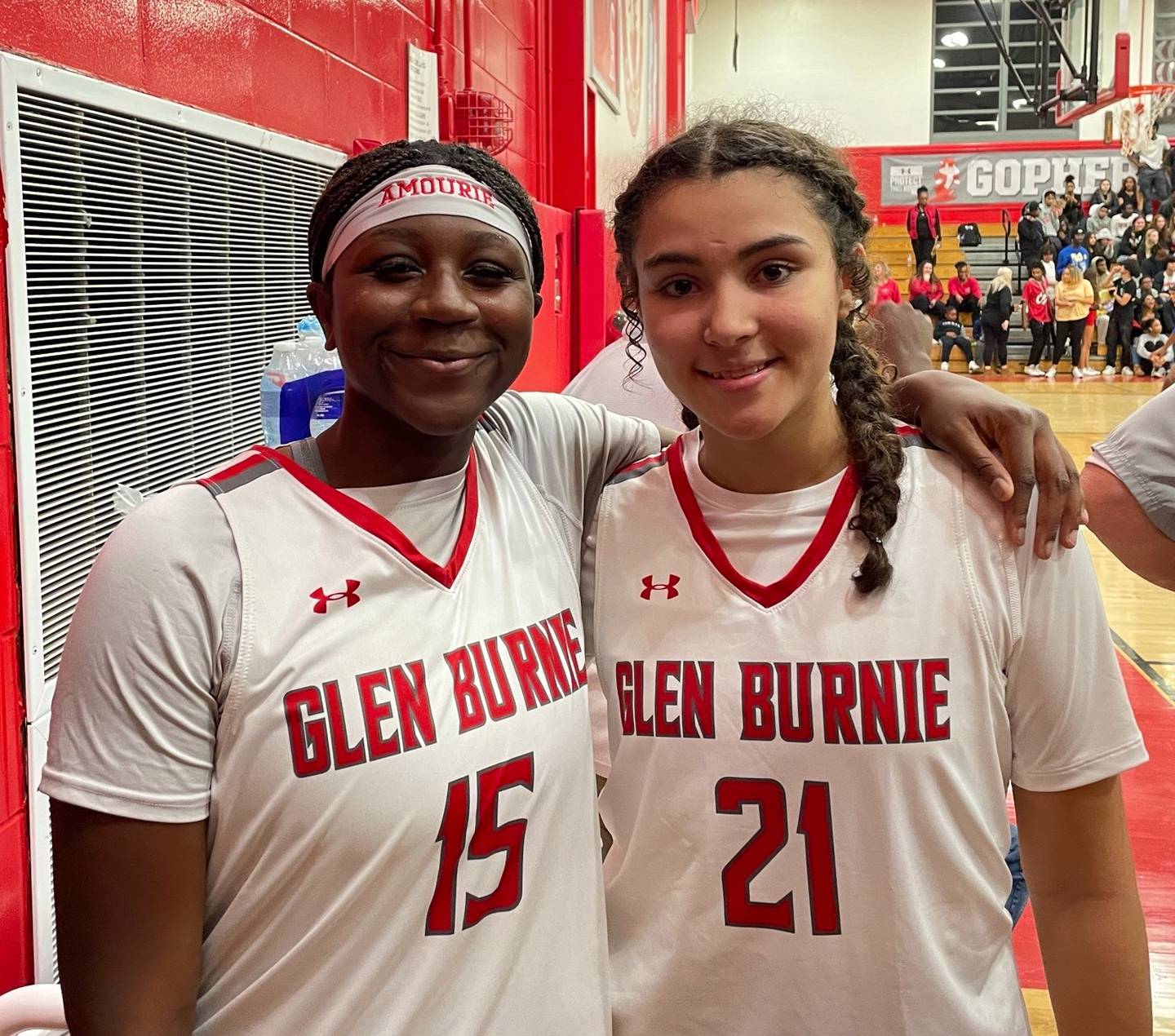 Amourie Porter (left) and Lania Nick helped Glen Burnie successfully begin its defense of the Anne Arundel County girls basketball crown. Porter scored a game-high 24 points and Nick finished with 16 as the No. 6 Gophers defeated No. 8 Old Mill, 59-47, in the league opener for both teams.