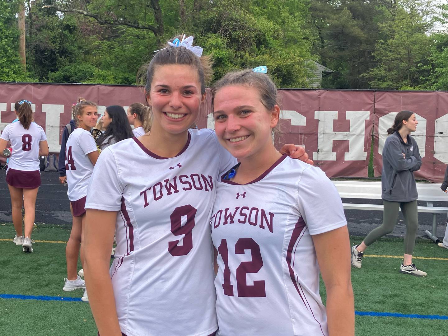 Senior attacker Avery Briggs (left) and senior midfielder Brigid Vaikness combined for eight goals in Towson’s 14-8 victory over Hereford on Wednesday.