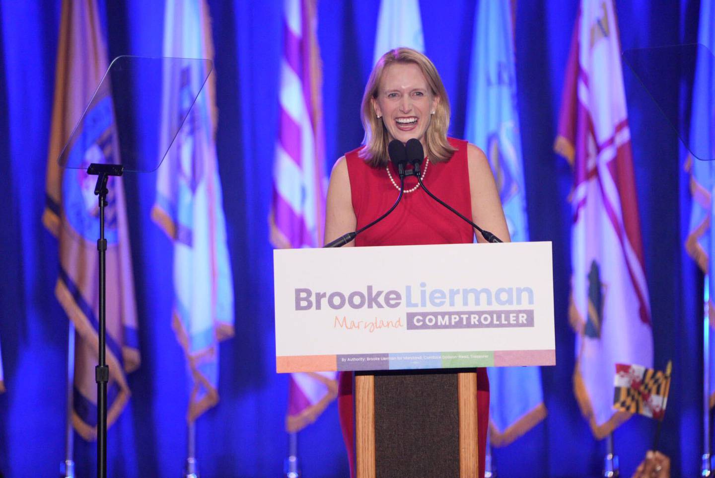 Comptroller candidate Brooke Lierman addresses the crowd at the 2022 Democratic election night party.