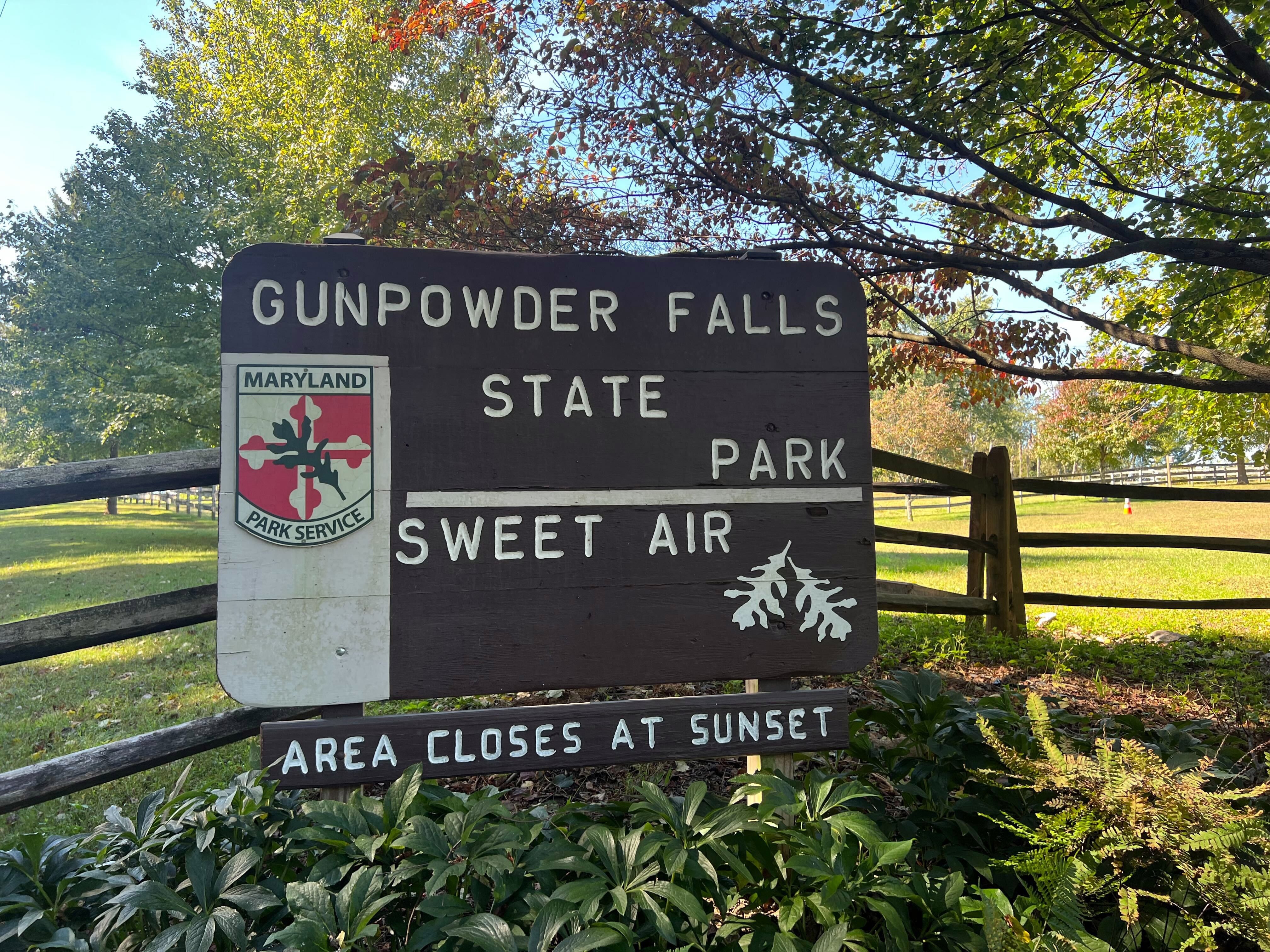 A sign at the entrance of Gunpowder Falls State Park Sweet Air Area. (Julie Scharper/The Baltimore Banner)