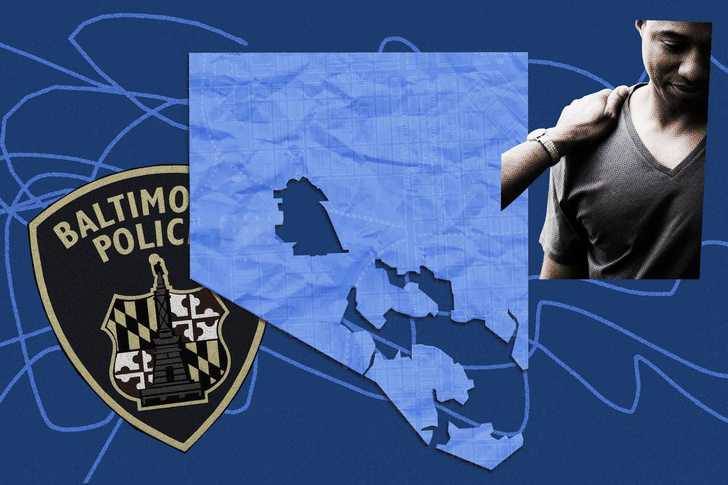 Photo collage showing map of Baltimore City with Western District cut out, Baltimore police badge, and man with another man’s hand on his shoulder.