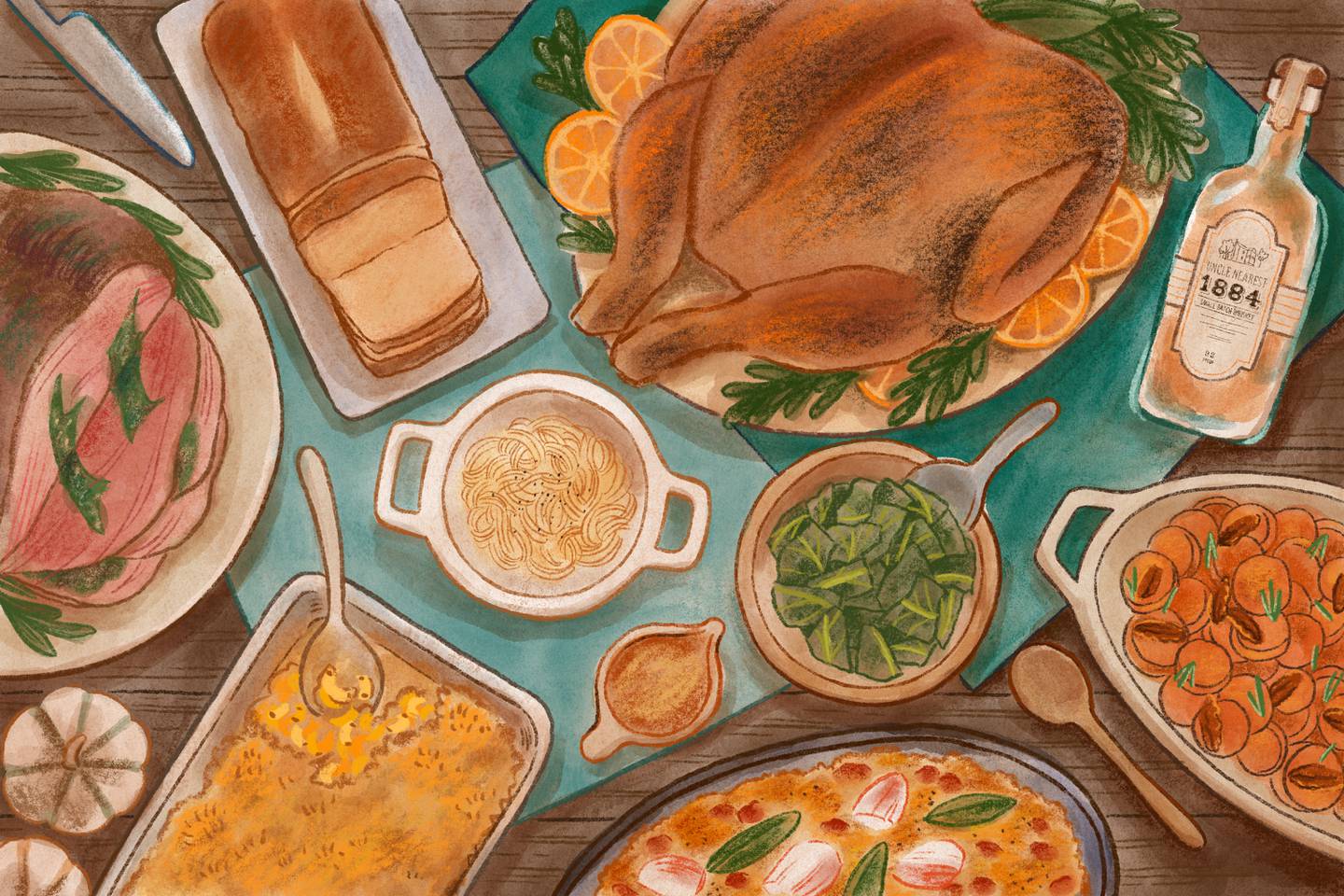 Illustration of food items set on a holiday table.