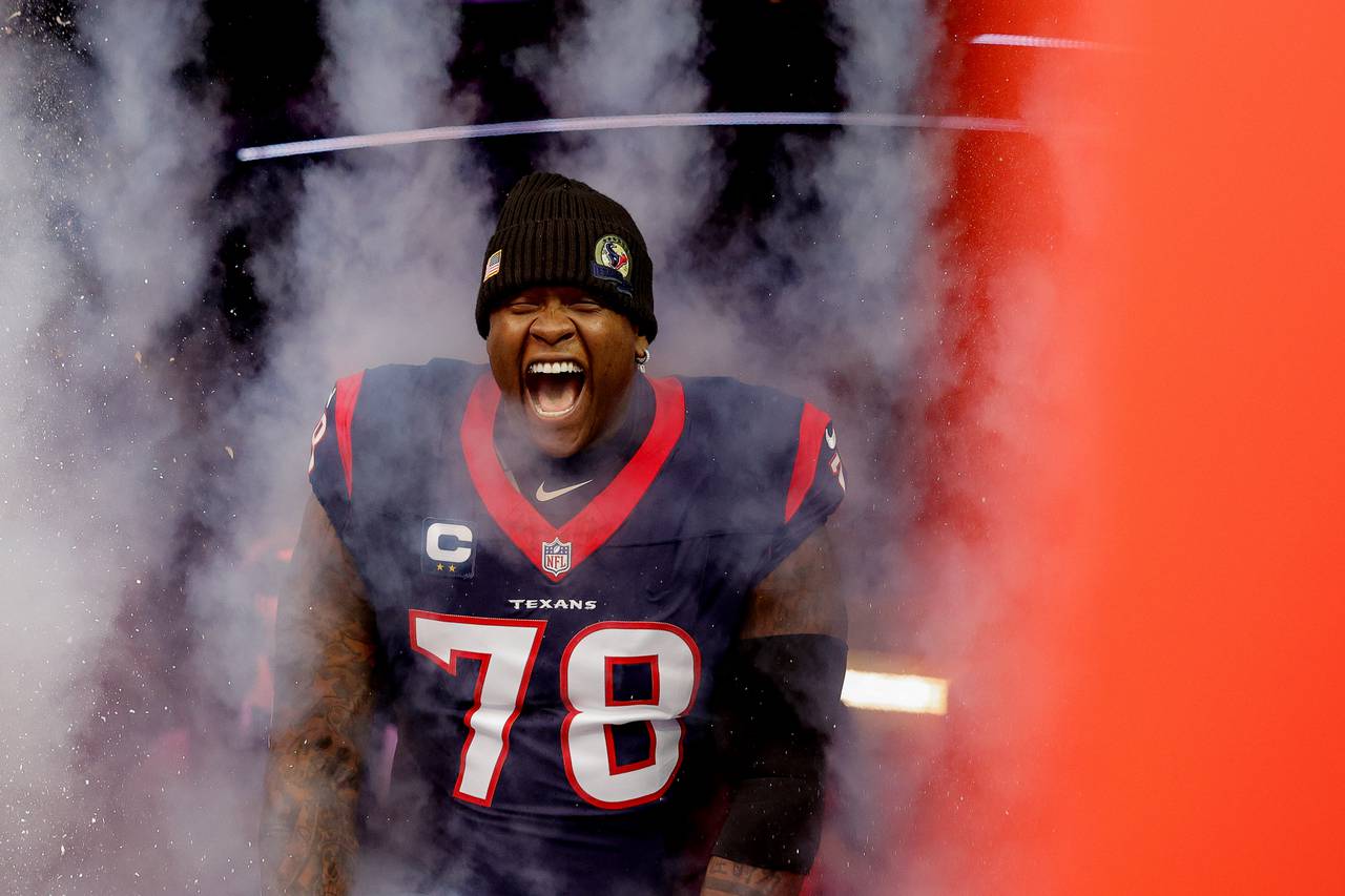 HOUSTON, TEXAS - DECEMBER 31: Laremy Tunsil #78 of the Houston Texans takes to the field prior to a game against the Tennessee Titans at NRG Stadium on December 31, 2023 in Houston, Texas. (Photo by Carmen Mandato/Getty Images)