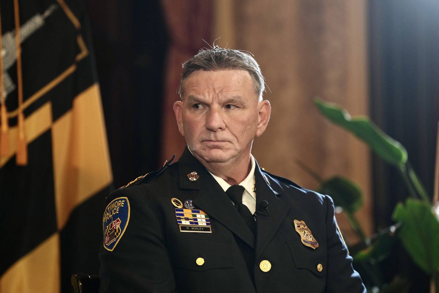 The Baltimore Banner sits down with Mayor Brandon Scott, former police commissioner Michael Harrison, and acting police commissioner Richard Worley for an interview discussing Harrison’s departure at City Hall on July 12, 2023