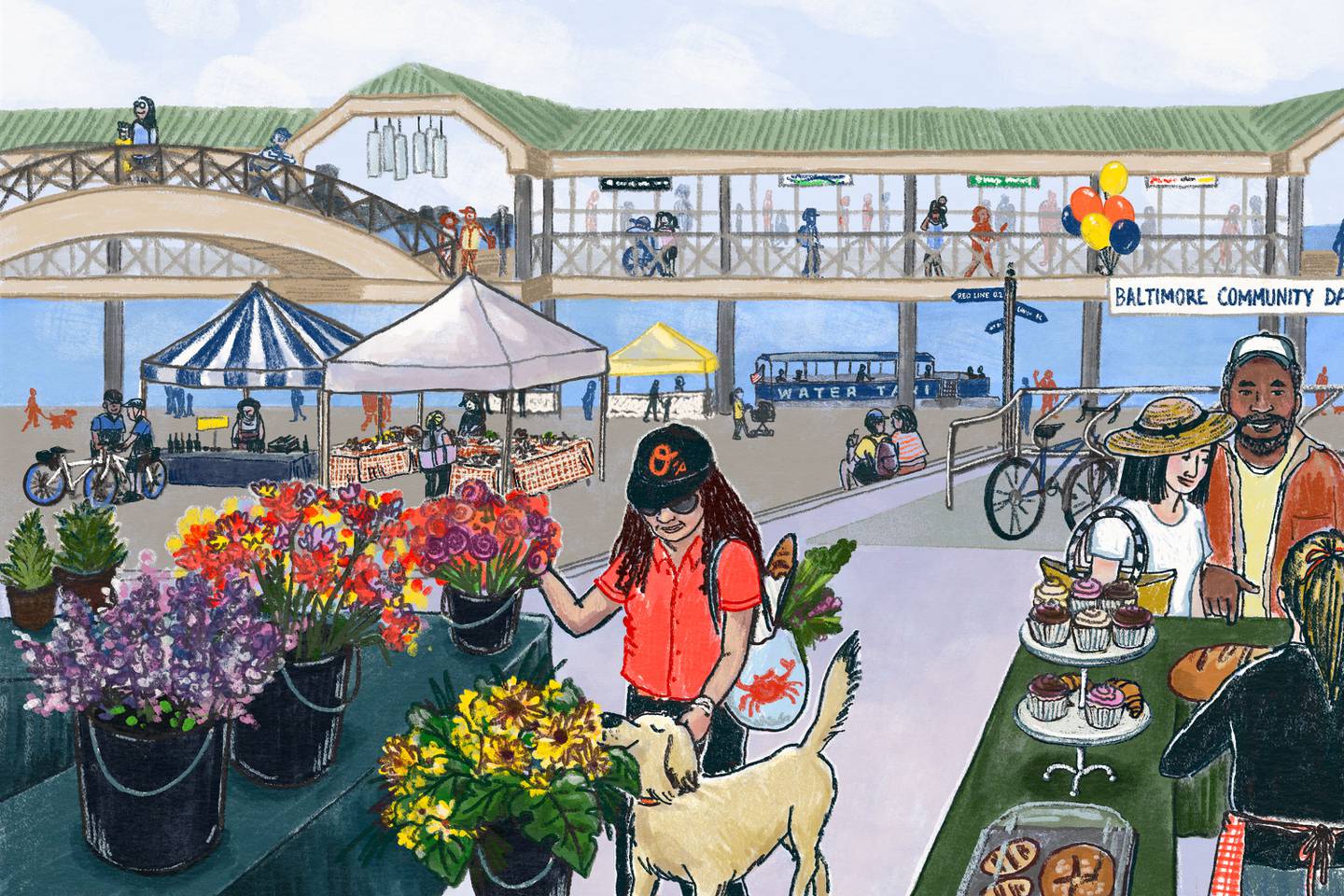 A colorful hand drawn illustration shows Harborplace as imagined by a reader. There's an elevated walkway, a flower stand, water views and a bake shop.