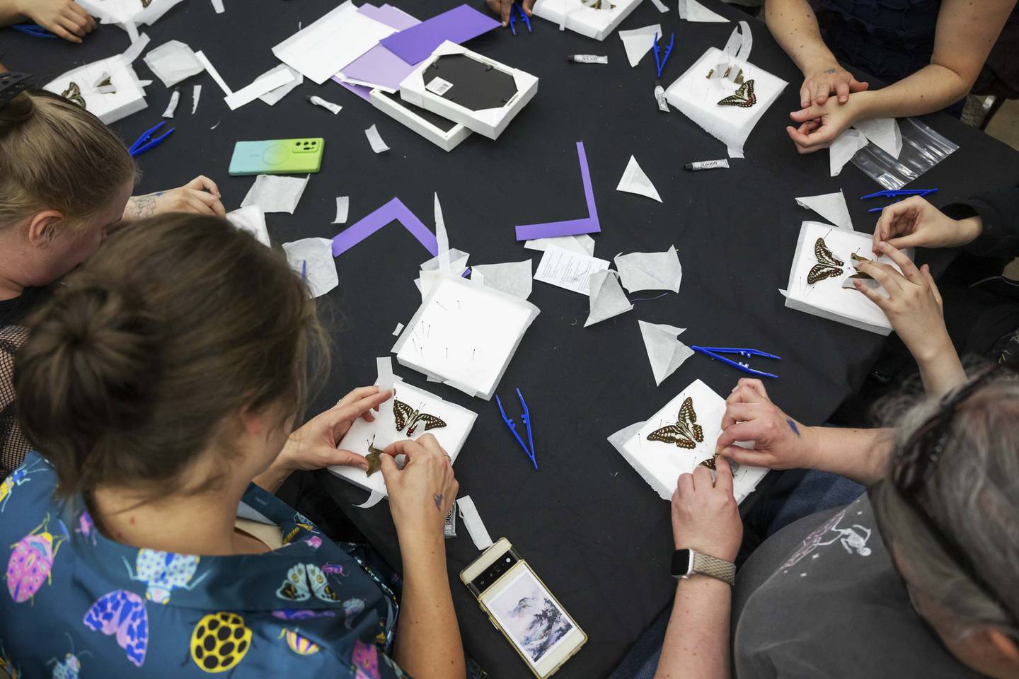 People participate in a butterfly pinning workshop during the 2023 World Oddities Expo at the Baltimore Convention Center in Baltimore, MD on October 07, 2023.