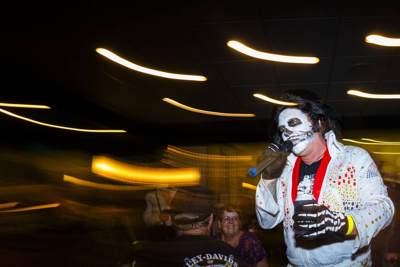 Skelvis performs dressed as a skeleton Elvis.