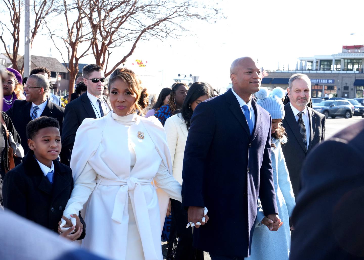 James Moore, Dawn Flythe Moore, Gov.-elect Wes Moore and Mia Moore depart the Kunta Kinte-Alex Haley Memorial, where they laid a wreath and said a prayer before the governor-elect was sworn in as the first African American governor of the state of Maryland.