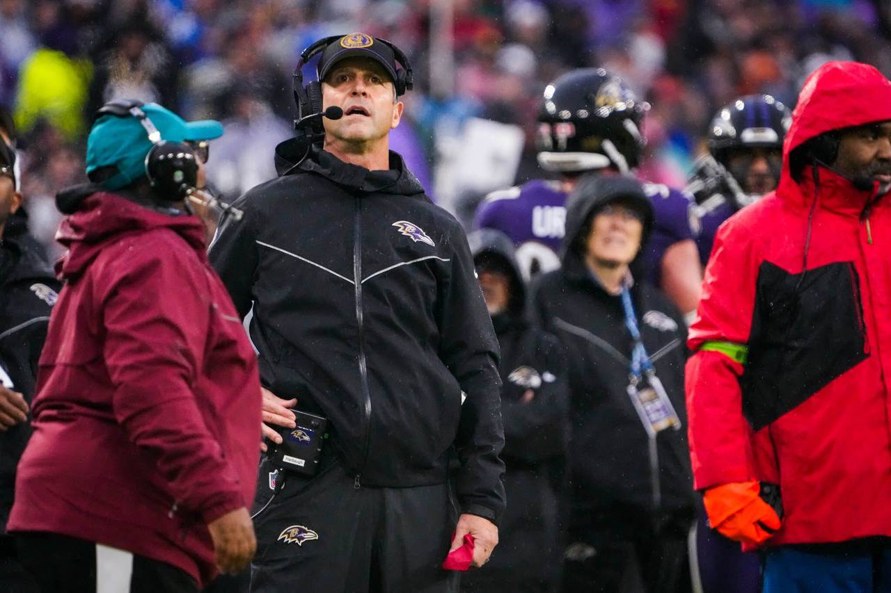 Ravens coach John Harbaugh in the second half of their game against the Rams at M&T Bank Stadium.