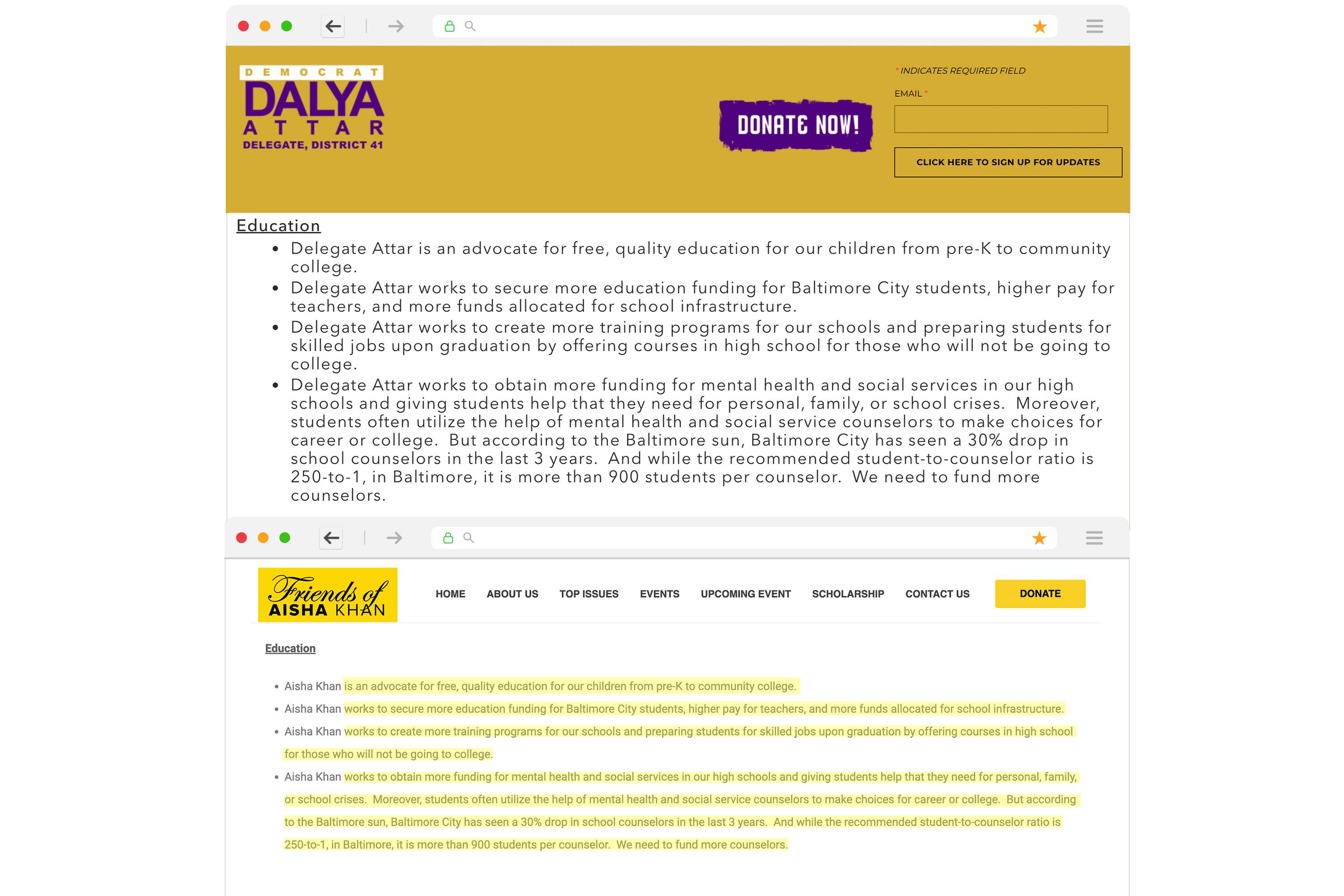 (Top) Delegate Dalya Attar's website outlining her position on top issues. (Bottom) Aisha Khan's website that copies directly from her competitor.