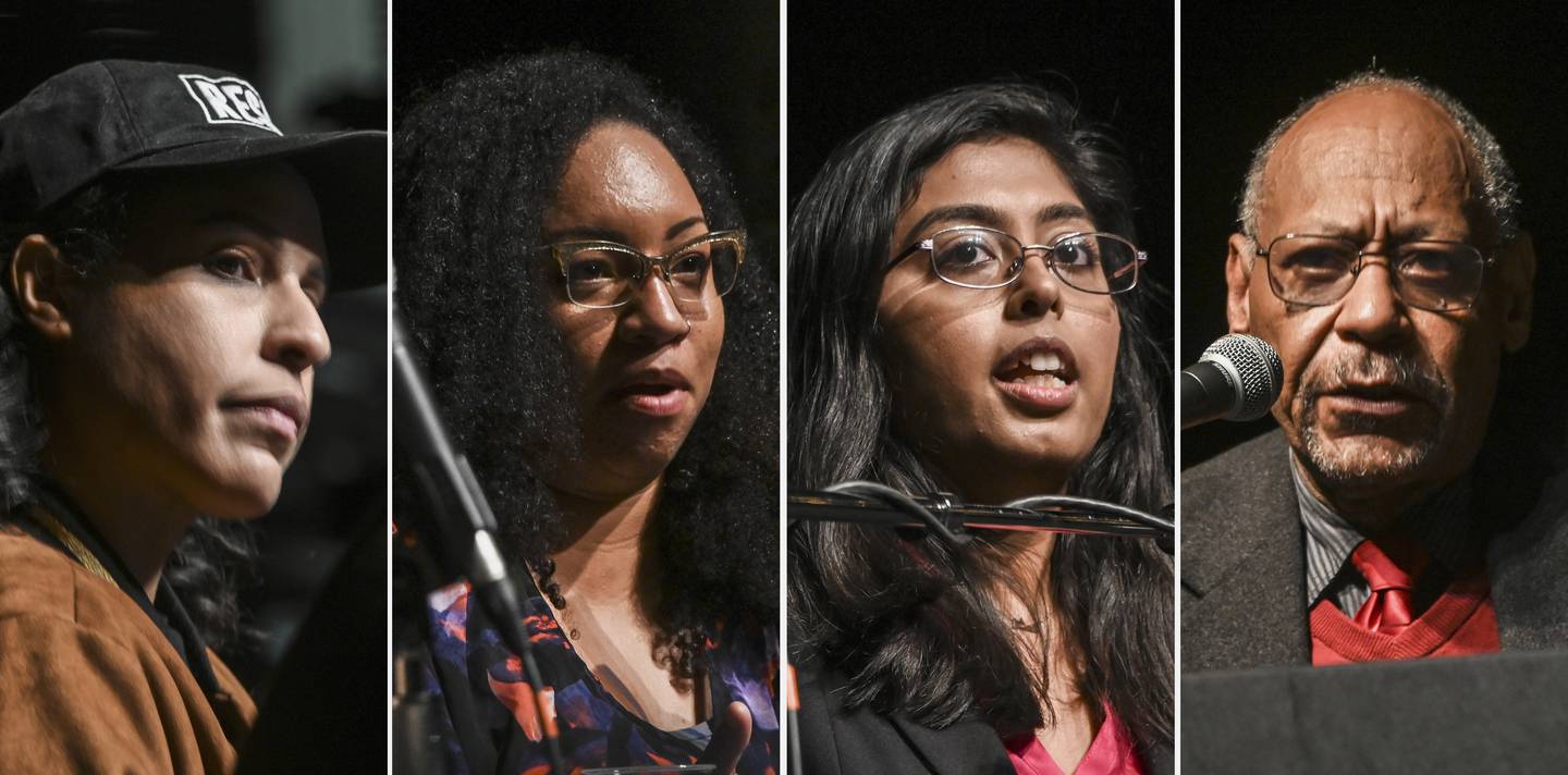 (l to r) Candidate running for the Baltimore City School Board are April Christina Curley, Ashley Esposito, Salimah Jasani and Kwame Kenyatta-Bey.