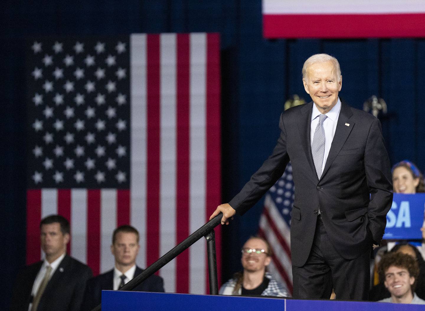 United States President Joe Biden waits on stage before speaking at a campaign event in support of gubernatorial candidate Wes Moore at Bowie State University, in Bowie, MD. November 7, 2022.