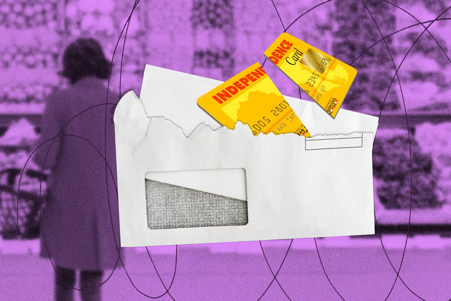 Photo illustration shows EBT benefits card, cut into two pieces, emerging from torn-open business envelope. In the background is a blurry image of a woman standing in front of produce aisle holding an empty shopping basket, her back to us.