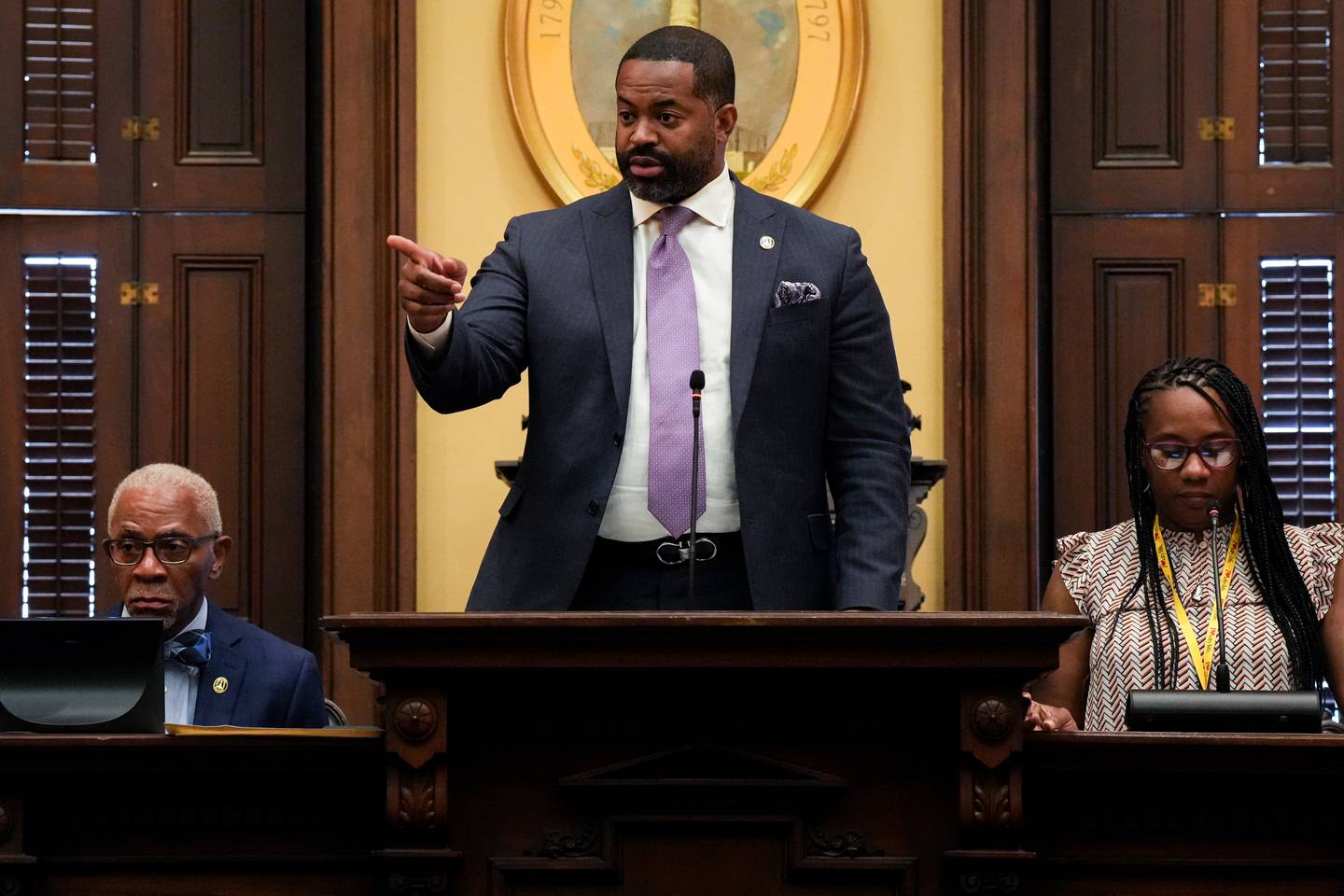 Baltimore City Council President Nick Mosby, center, conducts a budget hearing on Wednesday, June 14, 2023. The Baltimore City Council unanimously voted to shift about $12 million within Mayor Brandon Scott’s 2024 budget proposal on Wednesday, marking the first time in more than a century that council members used such financial authority.