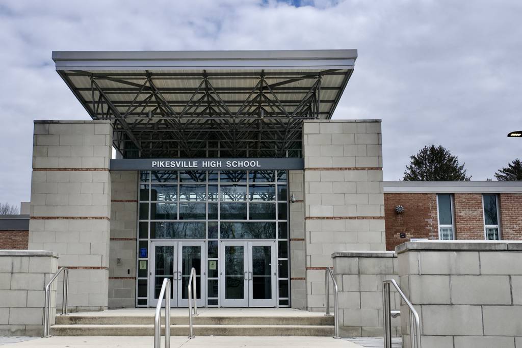 Pikesville High School photographed on March 4, 2024. (Kaitlin Newman/The Baltimore Banner)