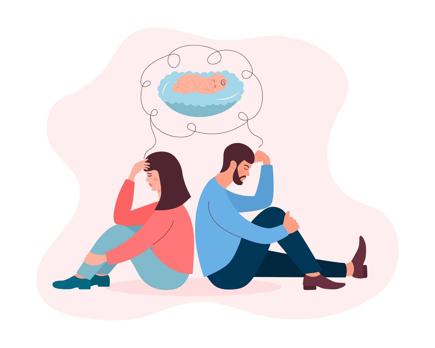 Infertile couple dreams about baby. Man and woman sitting back to back and suffer from reproductive problems. Fertility problem, pregnancy problems, IVF, infertility, gynecological disease, family concept.