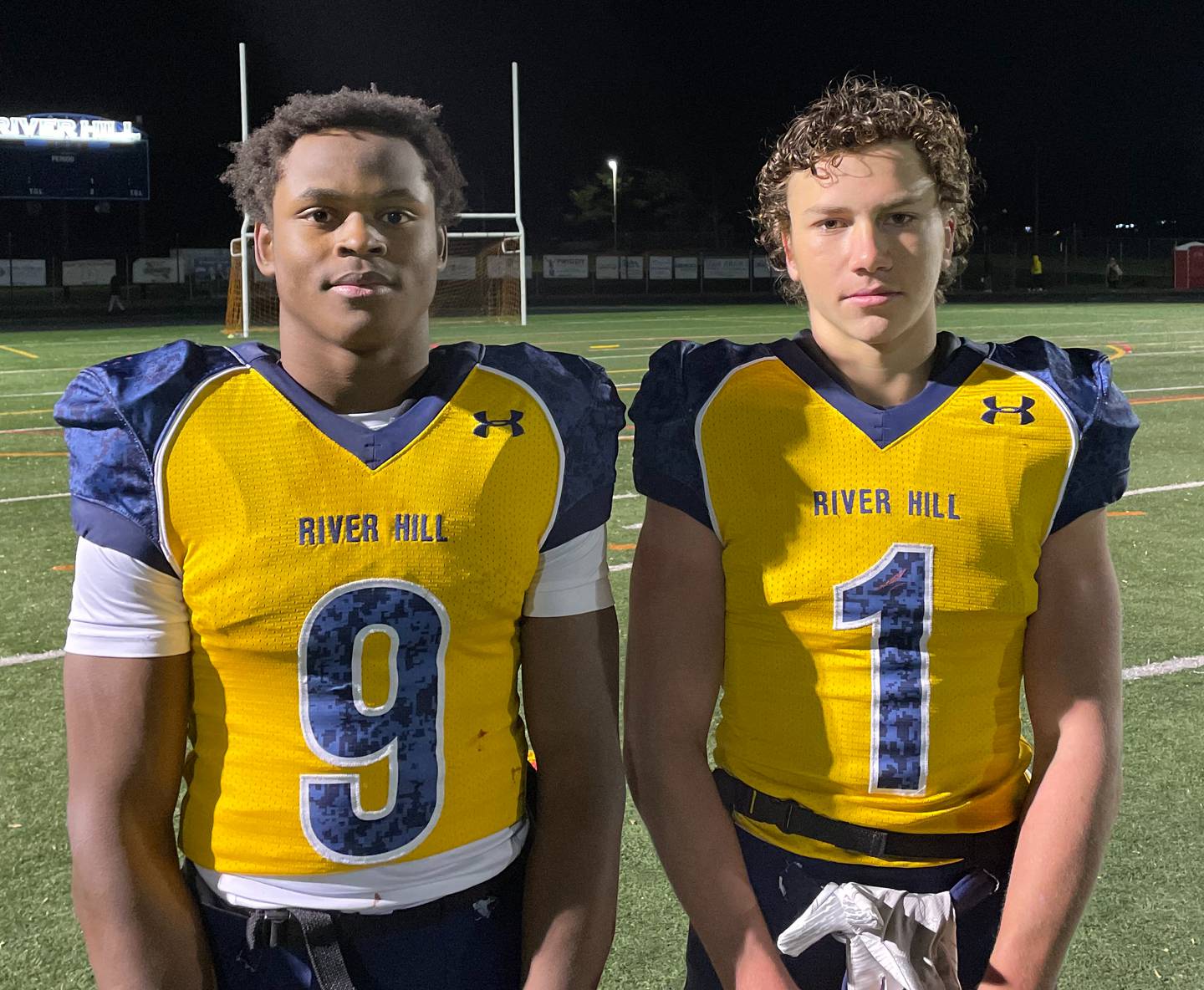 Eje Okojie (left) and Ethan Burnett was part of an efficient running attack for River Hill football Friday night. Behind Okojie's second quarter scoring run, the Hawks defeated No. 15 Franklin in a Class 3A state quarterfinal in Clarksville.