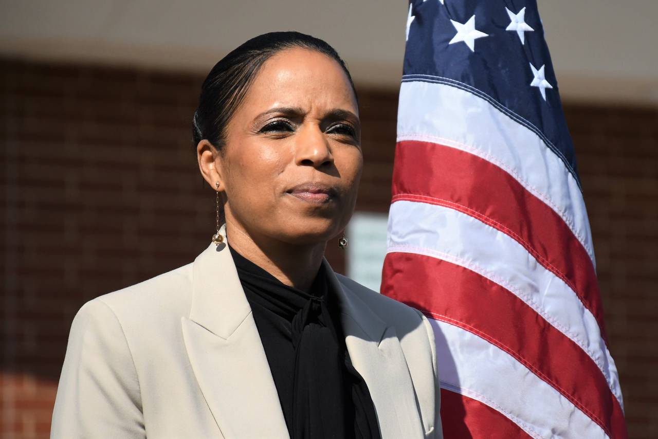 Prince George's County Executive Angela Alsobrooks, a Democrat, is running for the U.S. Senate. She was endorsed by Baltimore County Executive Johnny Olszewski Jr. outside the Randallstown Community Center on Monday, May 15, 2023.