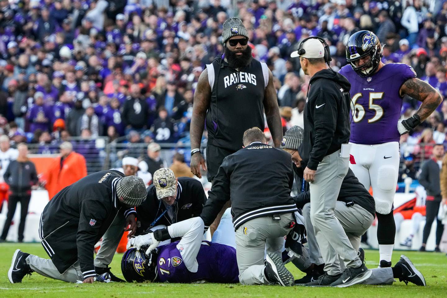 Baltimore Ravens offensive tackle Ronnie Stanley (79) is injured during the fourth quarter against the Cleveland Browns at M&T Bank Stadium on Sunday, Nov. 12, 2023.