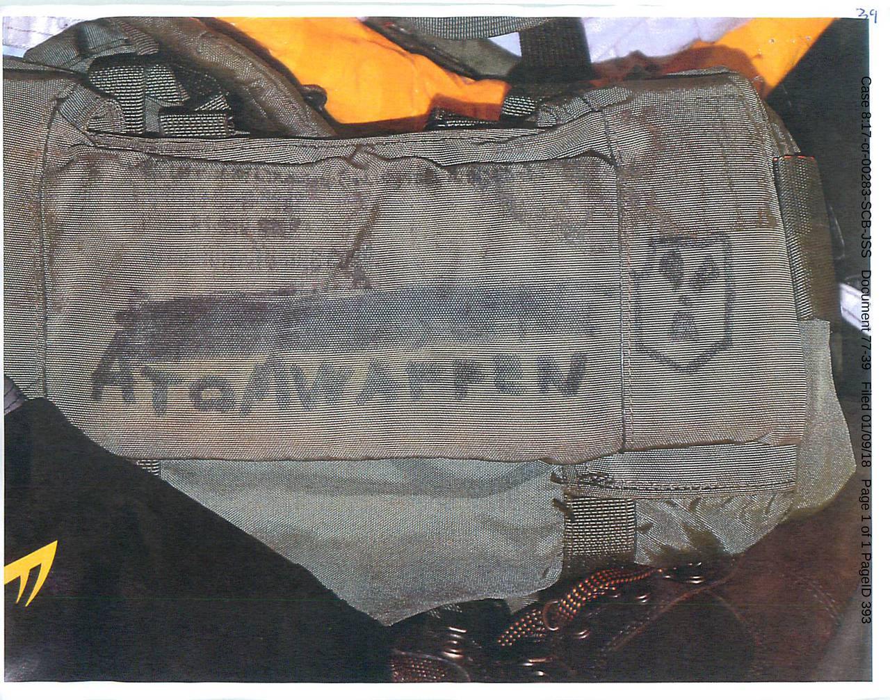 A bag with Atomwaffen written on the outside found in Brandon Russell's garage.