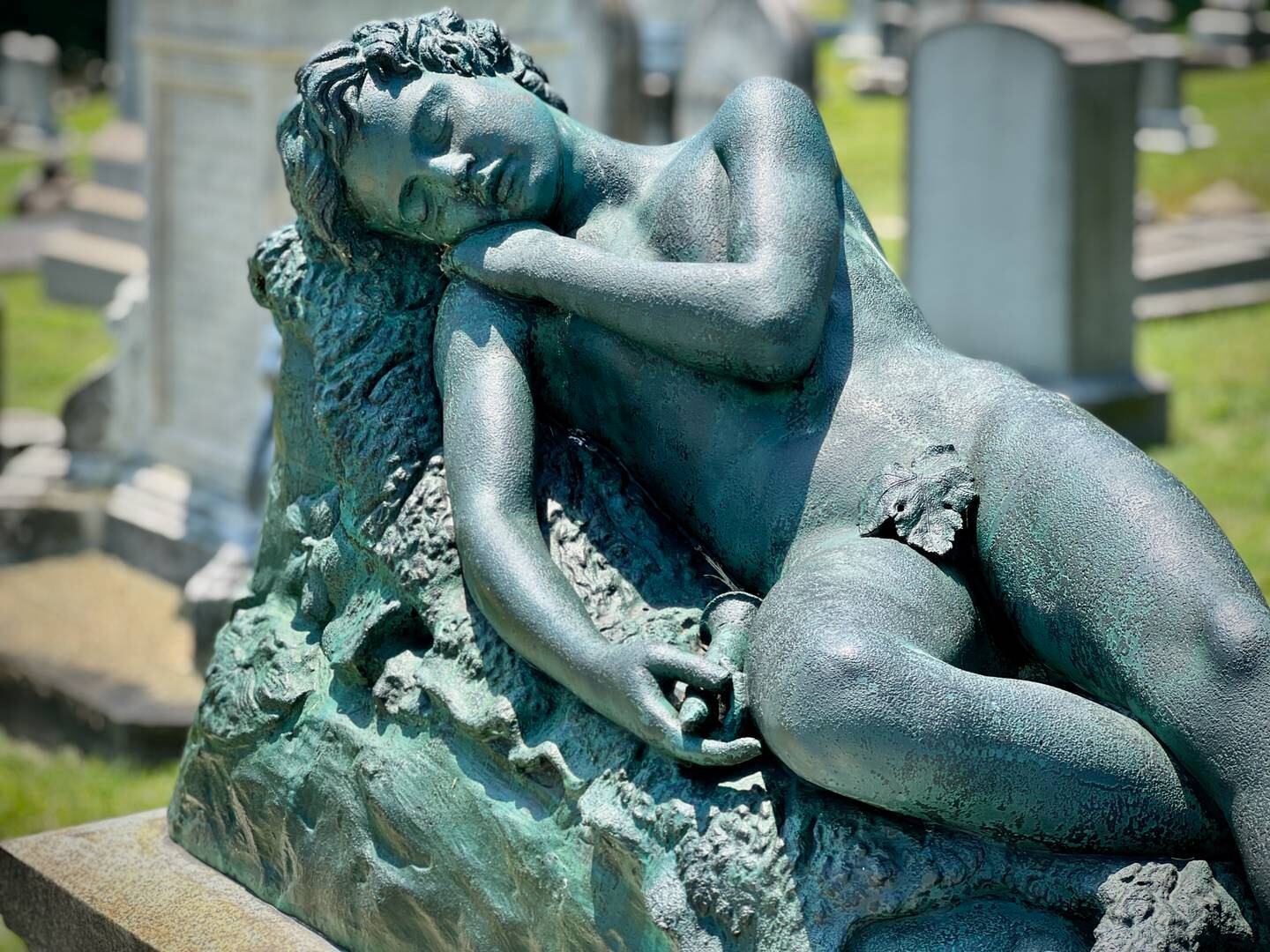 Bronze statue of Endymion at the grave of its sculptor, William Rinehart.