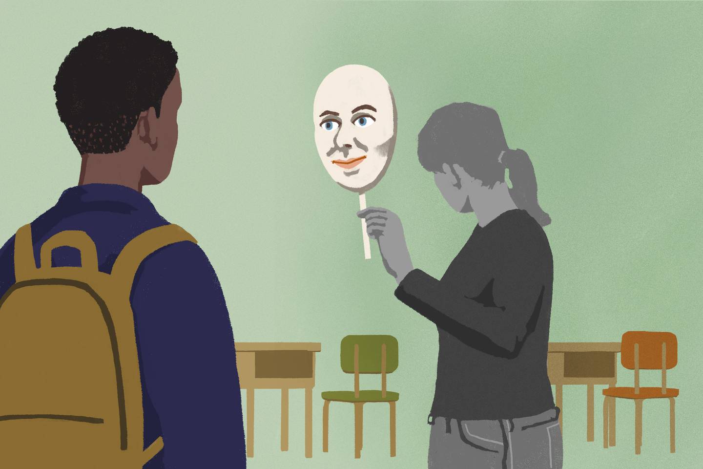Illustration showing young male student in foreground, back to us, looking at female teacher who can’t face him but holds up a smiling mask in between them.