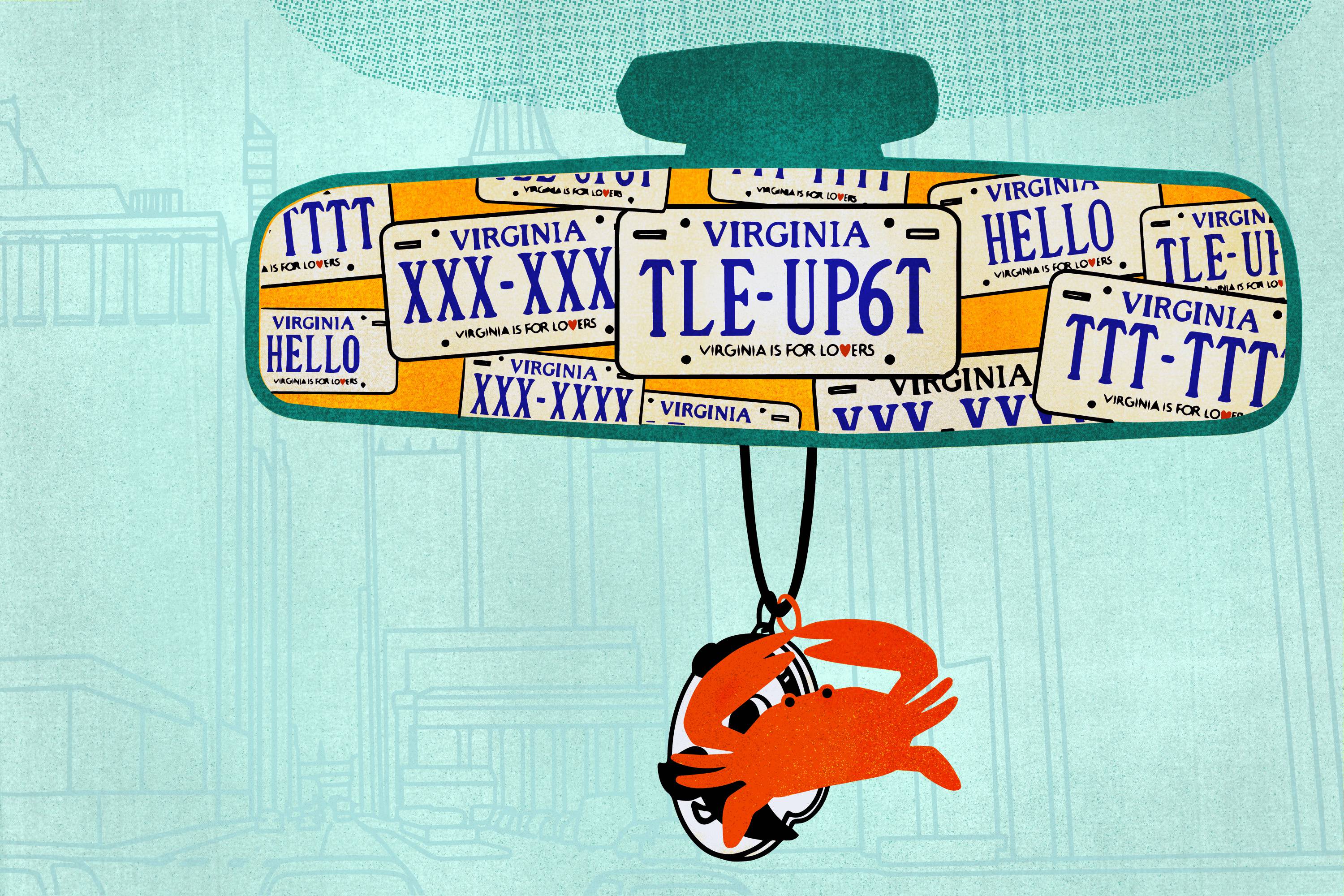 Illustration shows a rear view mirror whose image shows many Virginia license plates. In the background is a lightly sketched streetscape of downtown Baltimore. A crab and the Natty Boh logo hang from the rear view mirror.