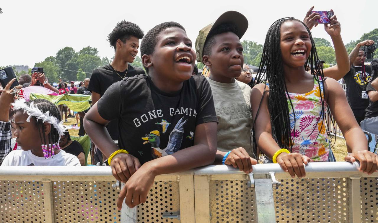 Children enjoy dancing and fun vibes at AFRAM Juneteenth Festival on June 17, 2023 at Druid Hill Park. This is the first official Baltimore Club Music Day.