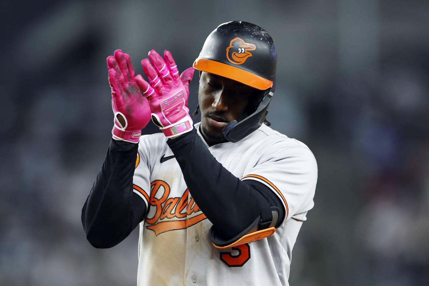 Jorge Mateo #3 of the Baltimore Orioles reacts after hitting a single during the seventh inning against the New York Yankees at Yankee Stadium on May 24, 2023 in the Bronx borough of New York City.