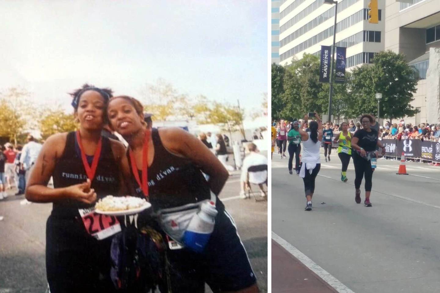 At left: Columnist Leslie Gray Streeter (right) and twin sister Lynne, both 34, celebrate finishing the full marathon at the Baltimore Running Festival in 2005 with a funnel cake. At right: An older, slower but probably not wiser Leslie, 47,  about to cross the finish at the Running Festival's half marathon in 2018.