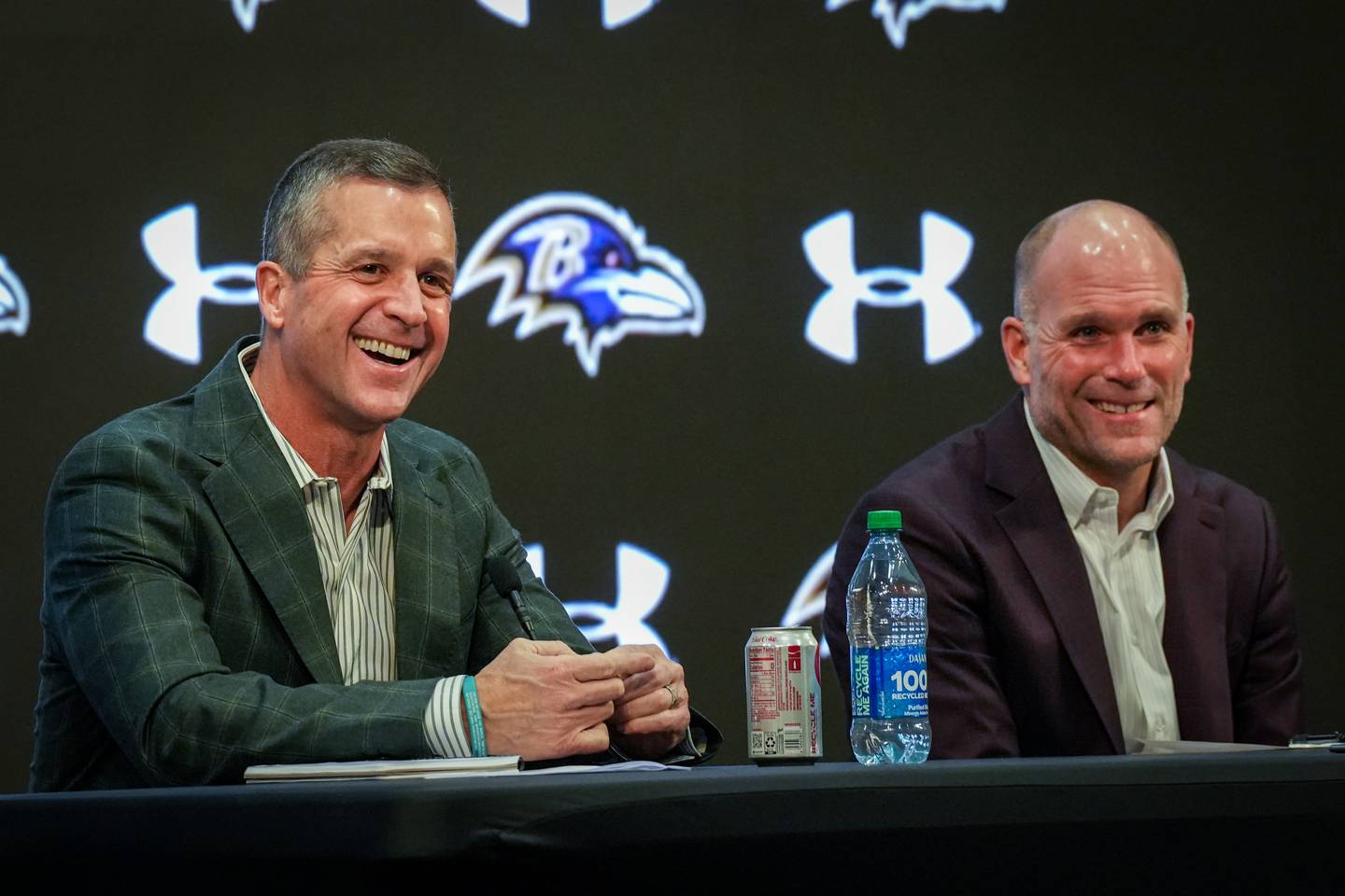 Baltimore Ravens Head Coach John Harbaugh, left, and General Manager Eric DeCosta hold a year-end press conference on 1/19/23 at the team’s training facility in Owings Mills.