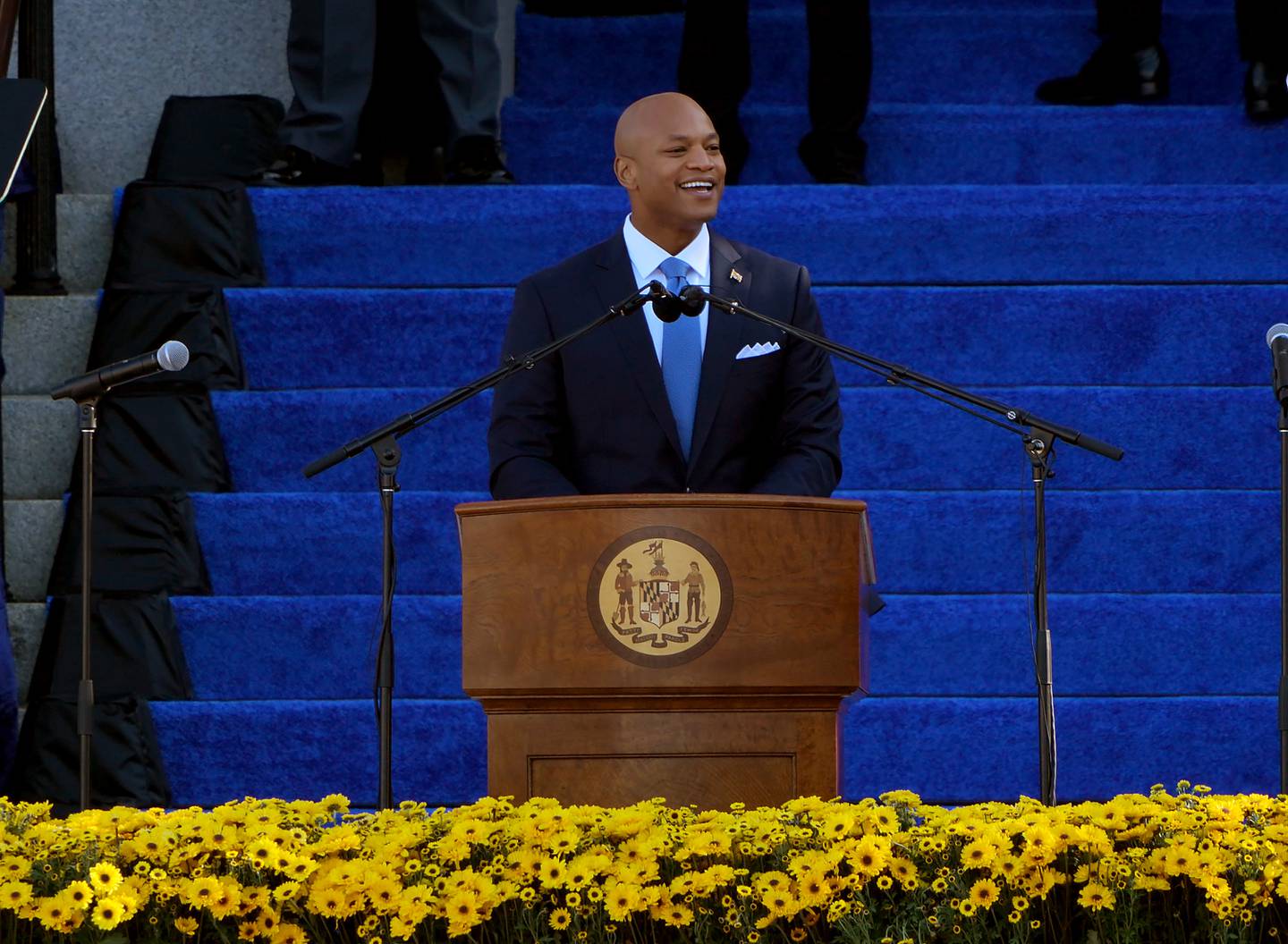 Gov. Wes Moore speaks after being sworn into office by Chief Justice Matthew Fader during his inauguration as the First African-American governor for the State of Maryland, at the Maryland State House, in Annapolis, MD, Wednesday, January 18, 2023.